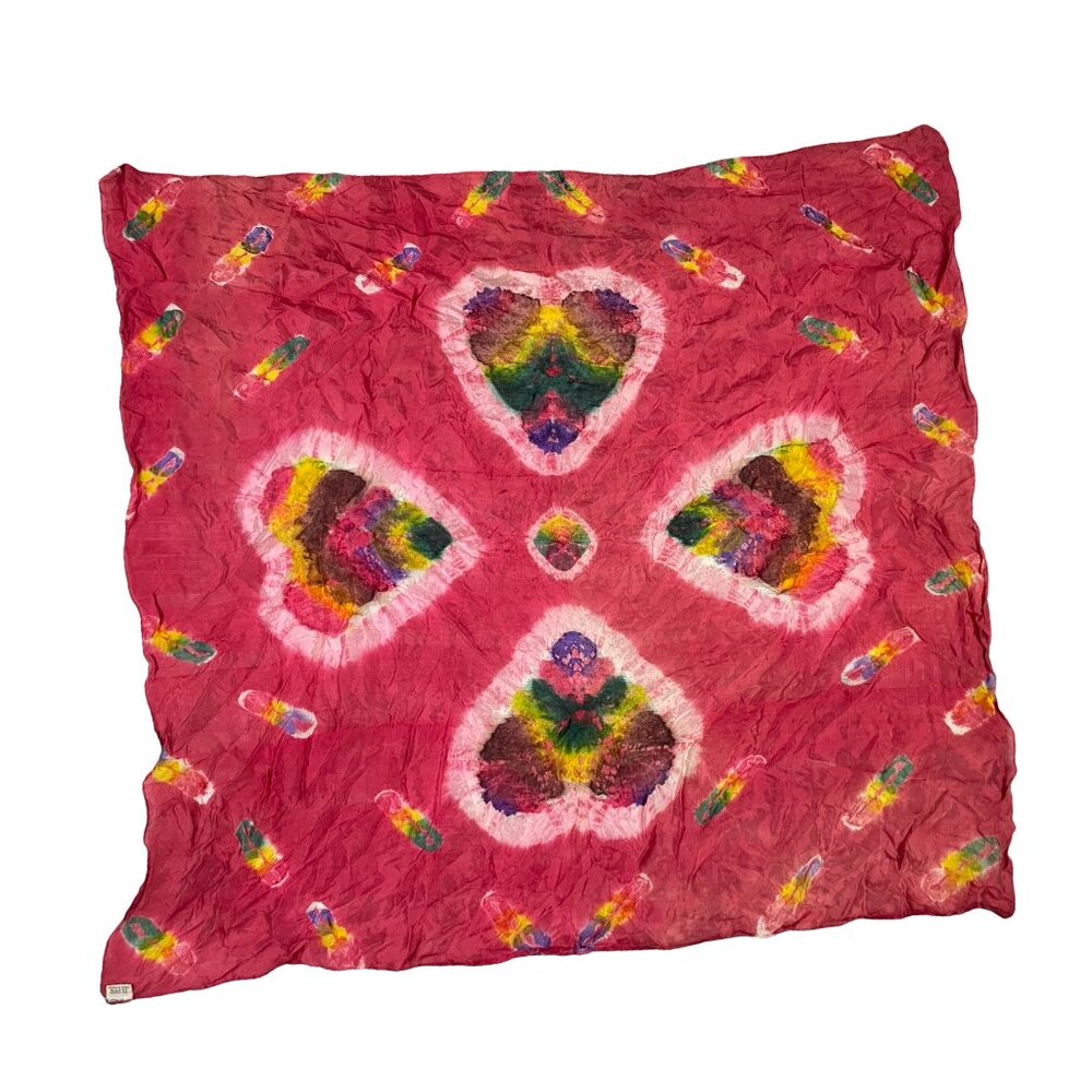 Vintage Tie Dye Scarf Large Colorful Art to Wear 1990s Rayon Hearts Deep Pink